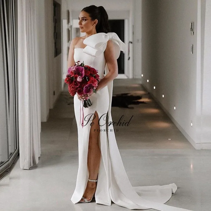 Peorchid White Satin Mermaid Wedding Dress One Shoulder With Bow