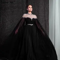 Черный бриллиант шифоновая с длинными рукавами дубайское вечернее платье дизайнерские вечерние платья с круглым вырезом 2019 Serene Hill LA60718