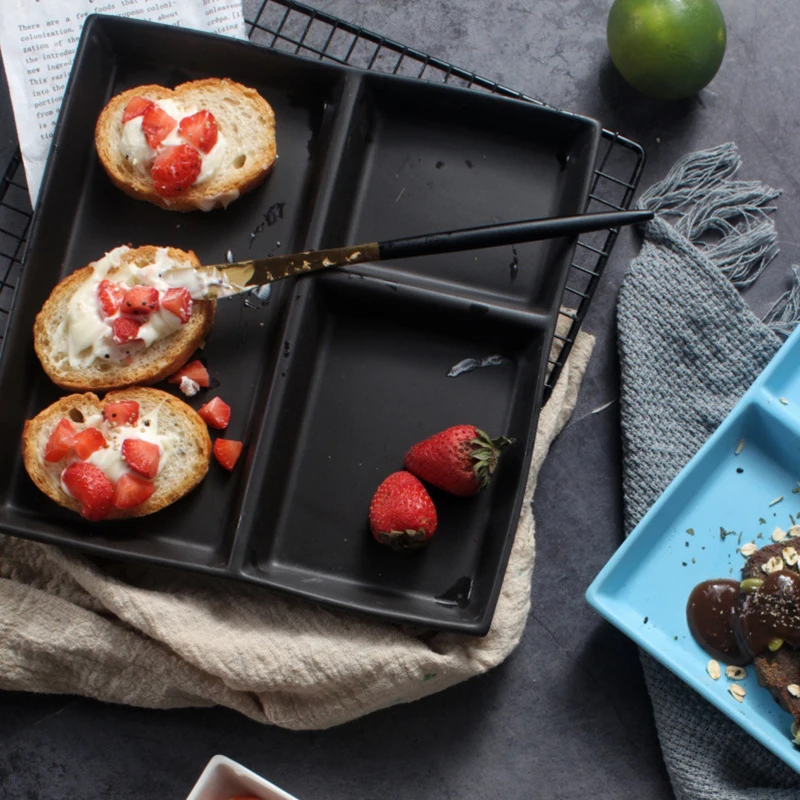 

Ceramic Breakfast Food Tray Square Snack Salad Bread Serving Plate Tableware Solid Separate Plates Nordic Food Container 1pcs