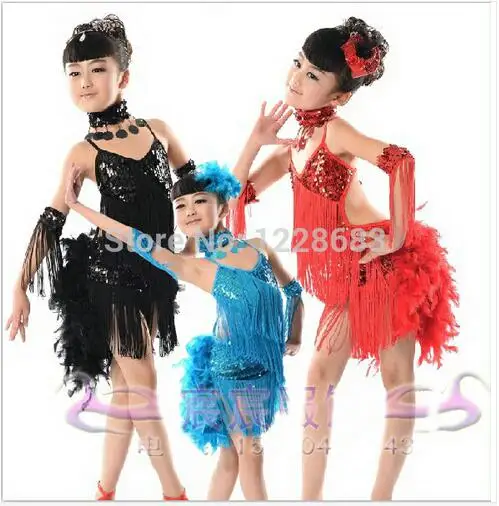 

New Arrival Kids Children Girls Blue Red Pink Black Feather Fringe Sequin Latin Dance Dress For Sale