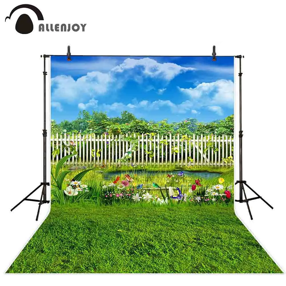 

Allenjoy photo background spring field green garden fence flower sky photography backdrop photophone photobooth photo studio