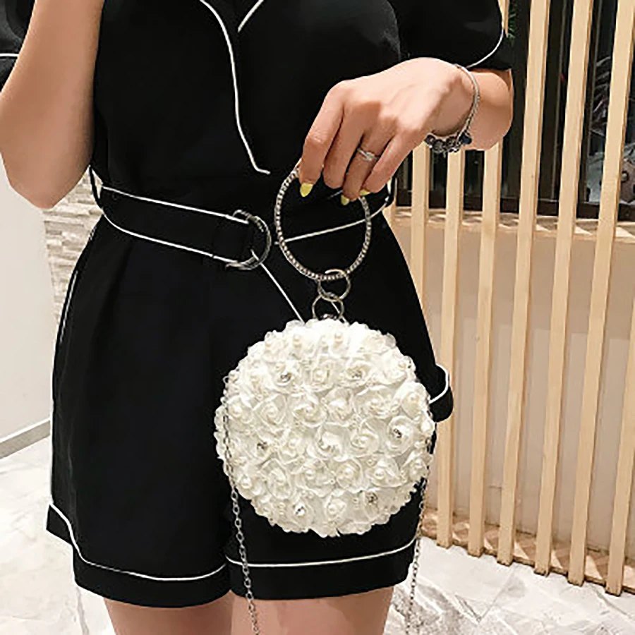 

Floral Style Evening Bags Women's Round Handle Handbags Luxury Leather Ladies Wrist Hand Bags Women Pu Chains Shoulder Bags 2019