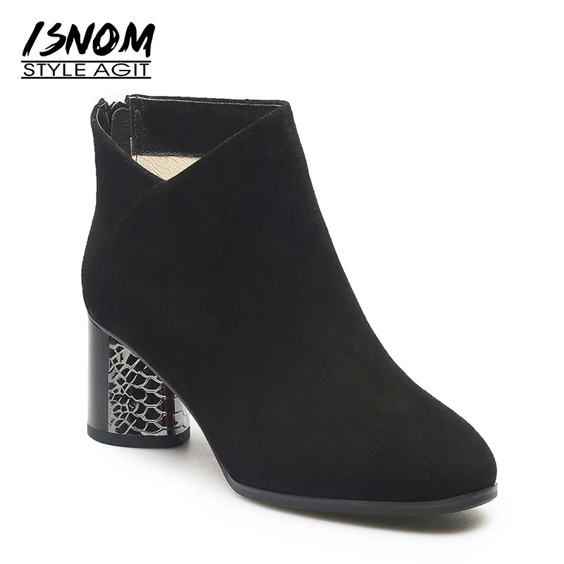 

ISNOM Kid Suede Ankle Boots Thick High Heels Women Boots 2018 Fashion Round Toe Shoes Zipper High Neck Round Heels Footwear