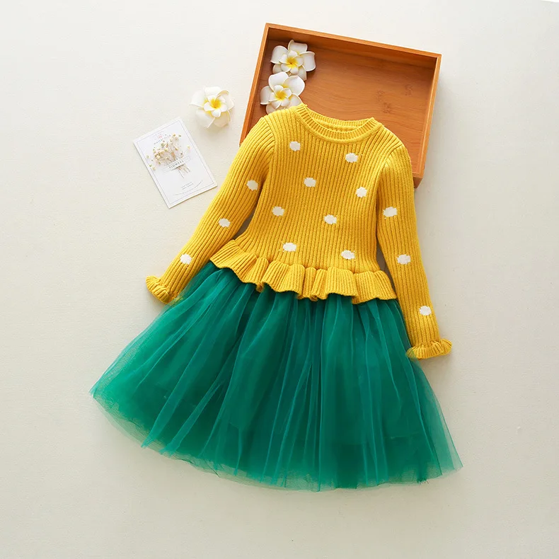 

Sweet Kids Girls Dots Knitted Sweater Tulle Party Dress Ruffles Candy Red Purple Yellow Pink Color Spring Autumn Christmas Dress