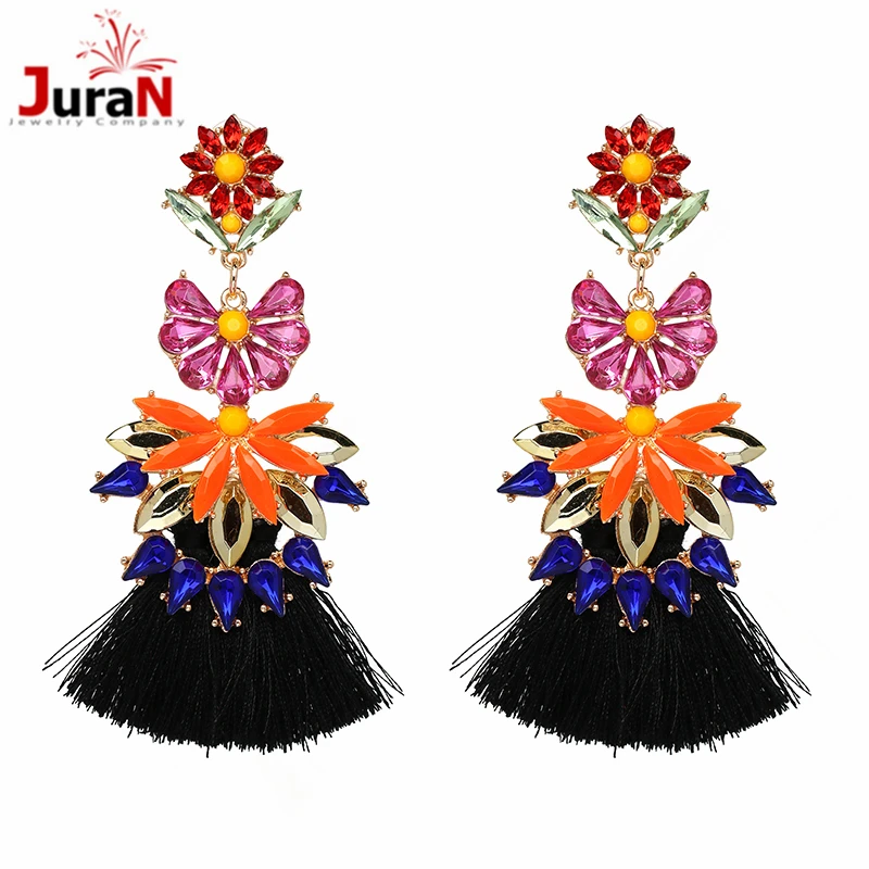 

JURAN New Colorful Flower Big Brand Design Starburst Pendant Luxury Crystal Rhinestone Gem Statement Earrings Jewelry wholesale