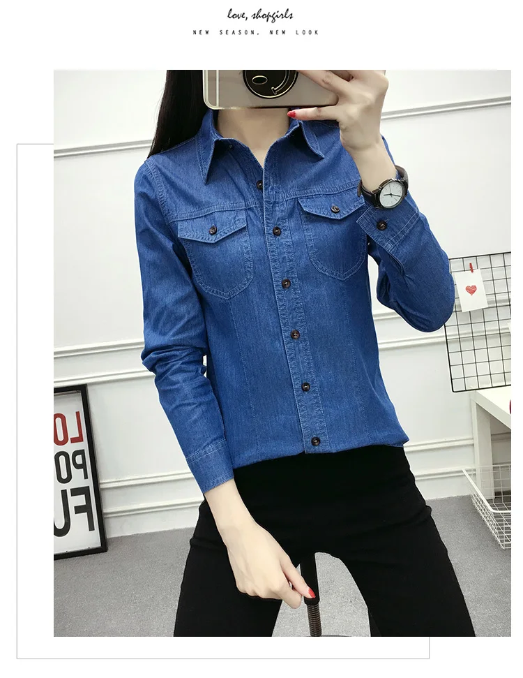 Блуза с длинным рукавом Femme размера плюс, джинсовая рубашка для женщин, с карманами, синяя, базовая, для девушек, топы, хлопок, Camisa, джинсы, Feminina, винтажная блуза