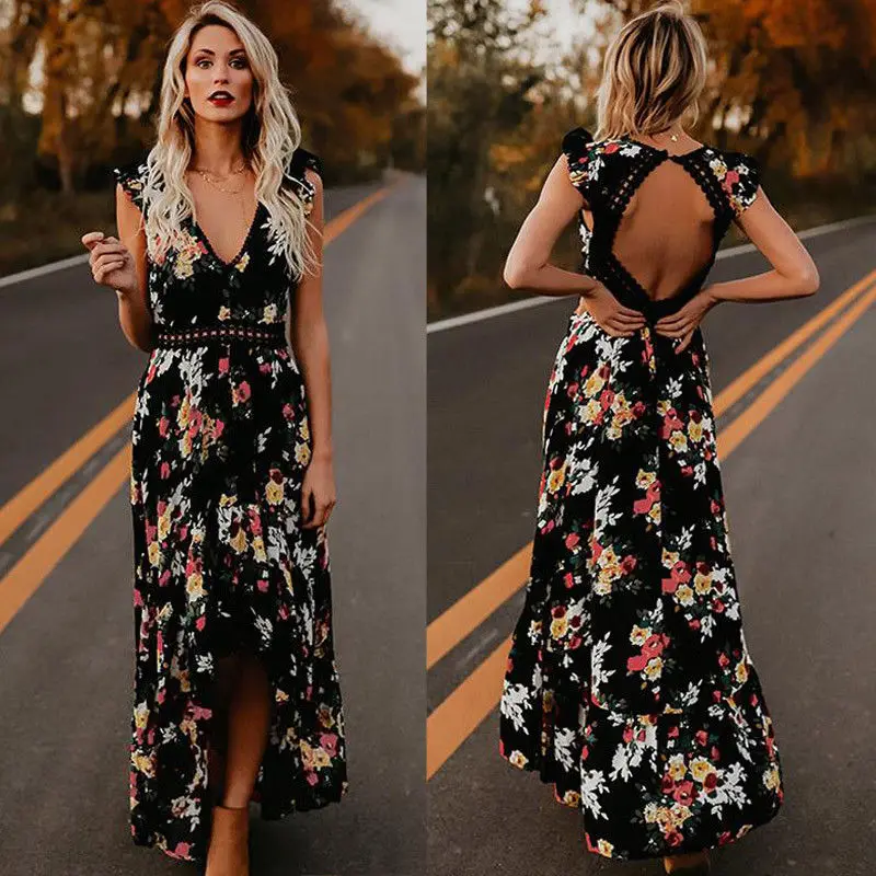 

2018 Hot Newest Style Summer Casual Short Sleeve V-Neck Ankle-Length Printed Dress S-XL