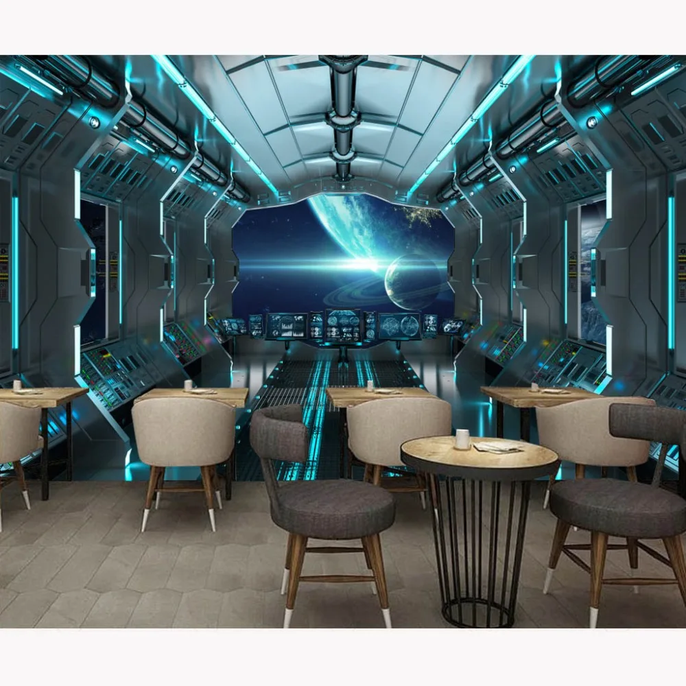 Us 15 49 49 Off Modern Wall Papers Mural Stickers Spaceship Photo Wallpaper Home Bar Decor Papel De Parede 3d Self Adhesive Vinyl Silk Wallpaper In