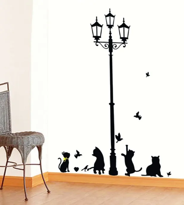 New Hot Naughty Cats Birds and Street light Lamp Post Wall Stickers home decoration School Room Kindergarten Sticker 7Style | Дом и сад
