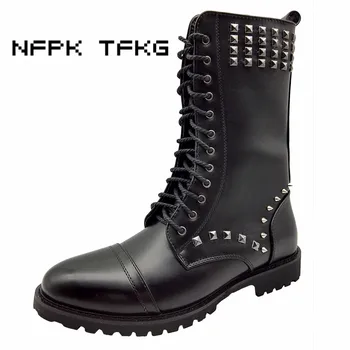

British fashion men party night club wear cow leather rivets shoes mid-calf motorcycle long boots oxfords shoe zapatos hombre