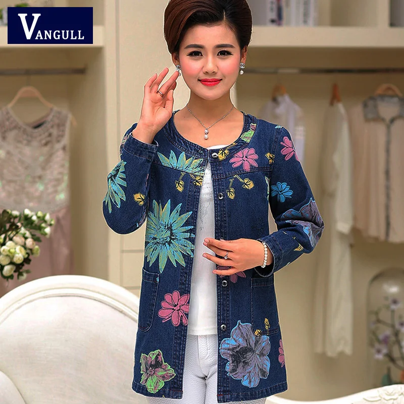 Vangull زائد حجم 4XL النساء الدنيم سترة 2019 ربيع جديد الخريف جينز قطني معطف السيدات الأزهار طباعة ضئيلة غسل رقيقة الدنيم معاطف