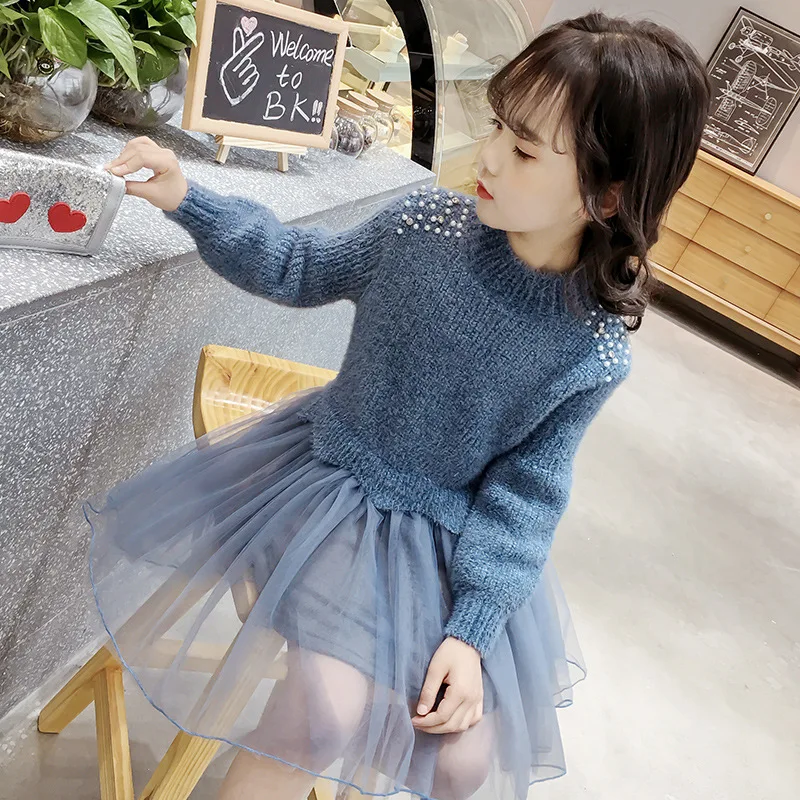 

Girls Sweater Dress 2019 Autumn Winter Warm Round Neck Long Sleeve Knitted Vetement Children Pearl Mesh Princess Dresses Costume