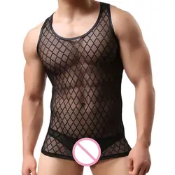 Модные, пикантные мужские майки Singlet плед прозрачной сетки с круглым вырезом рубашки Гей Мужской экзотические футболка Клубные Ночная