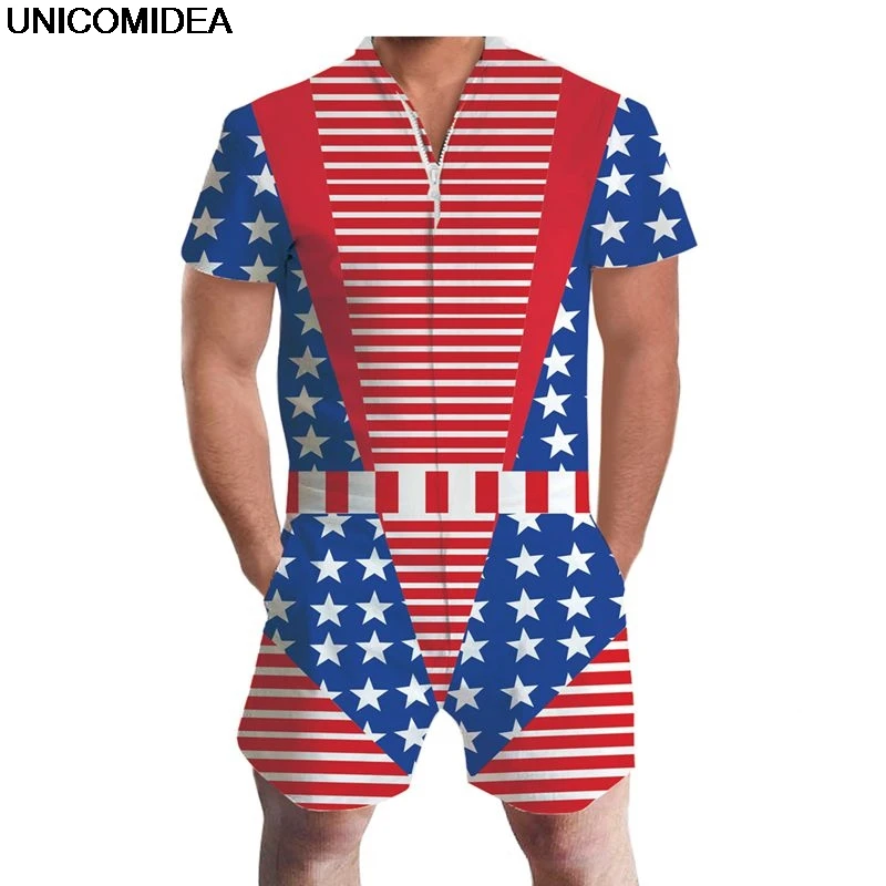 USA Flag Romper Summer Men Romper 3D Print Graphic One Piece Jumpsuit