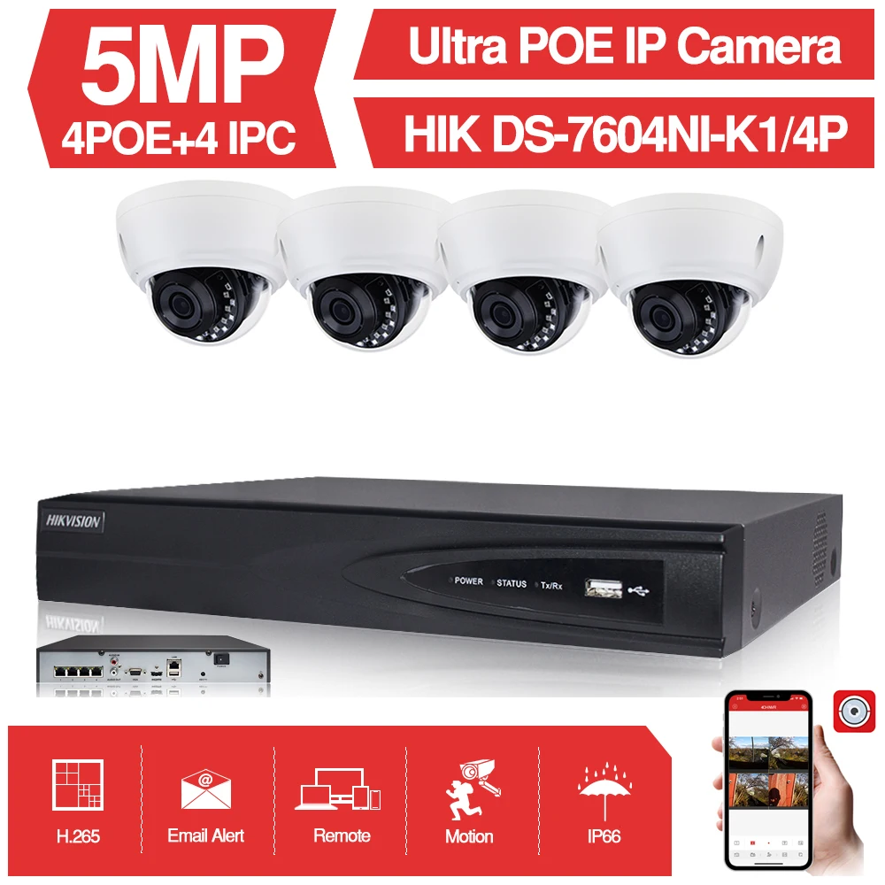 4CH CCTV система 4 шт. ультра 5MP купольная камера безопасности POE с Hikvision 4 POE NVR DS-7604NI-K1/4 P DIY комплекты видеонаблюдения