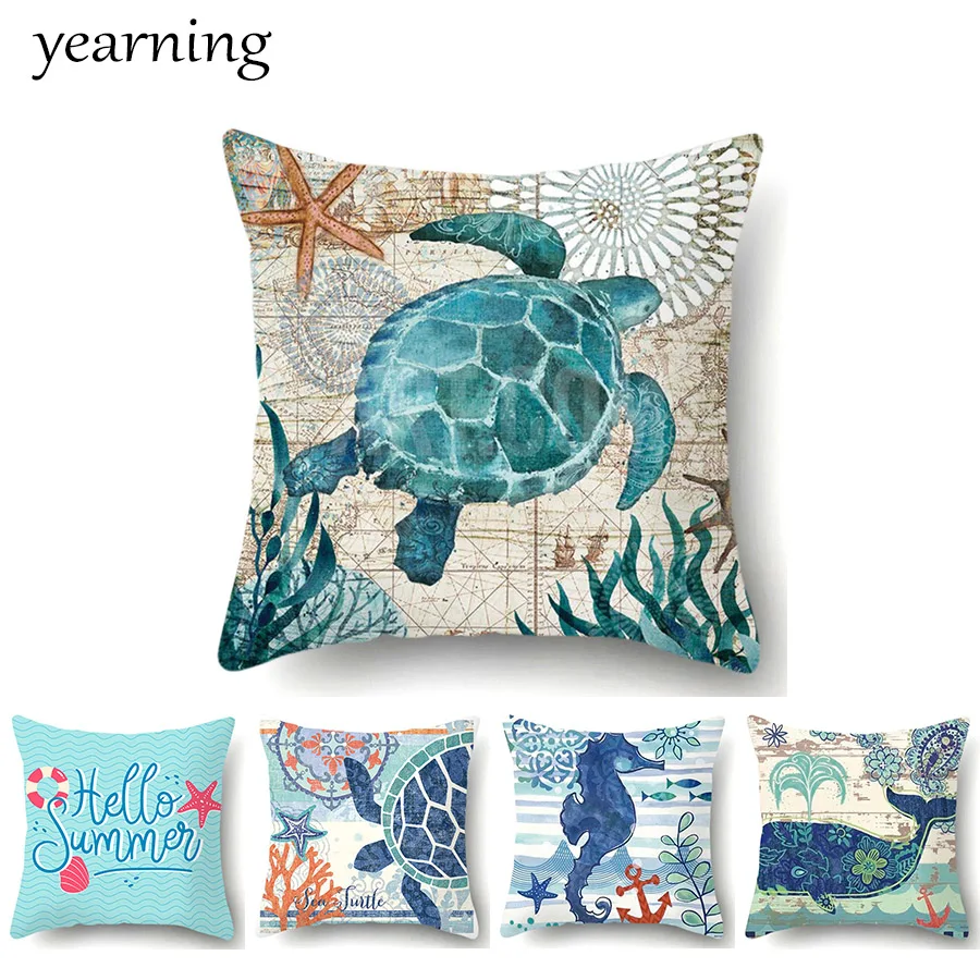 

Marine Life Pattern Cushion Cover Starfish Seahorse Printed Polyester Pillow Case Decoration Home Throw Pillow Cover Funda Cojin