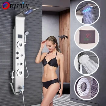 

Shower Panel LED Rainfall Waterfall Shower Head Rain Massage System Body Jets & Hand Shower Stainless Steel Bathroom Shower Pane