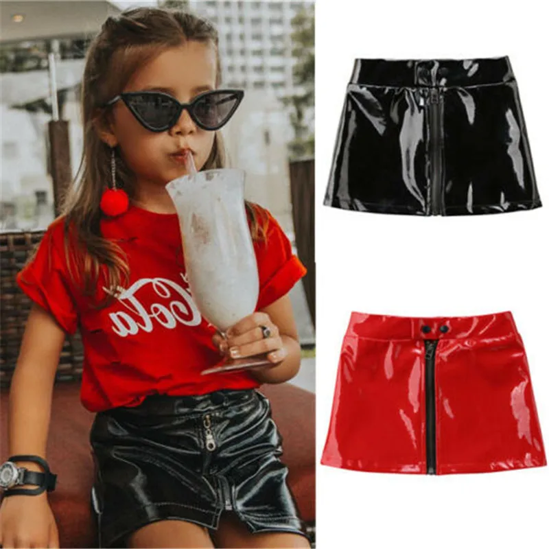 Emmababy Hot Sale Button Bright Leather Skirt Solid Red Black Baby kids Girls Outfits Sequins Leather Mini Skirt Clothes