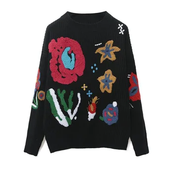 

2018 Winter Vintage Floral Print Black Sweater Pullovers Runway Designer Long Sleeve Lady Christmas Knit Sweater Jumper Clothing