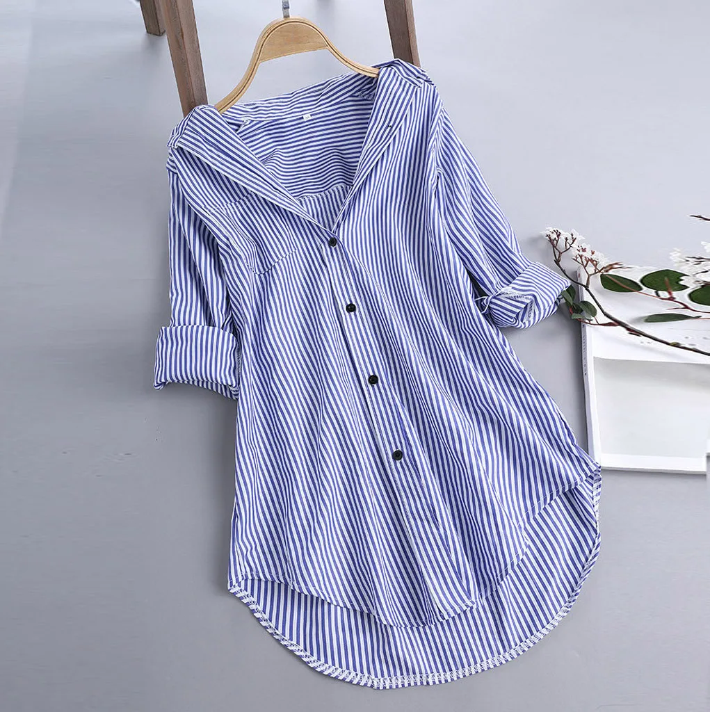 Женские топы модные новые блузки шикарные полосатые с длинным рукавом с отложным воротником на пуговицах свободная футболка Топ блузка blusas tallas grandes