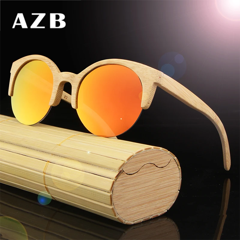 AZB Новинка 2017 леди почтовый бамбук, дерево Ретро мода полукадр светлые натуральные солнцезащитные очки ручной Oculos2012
