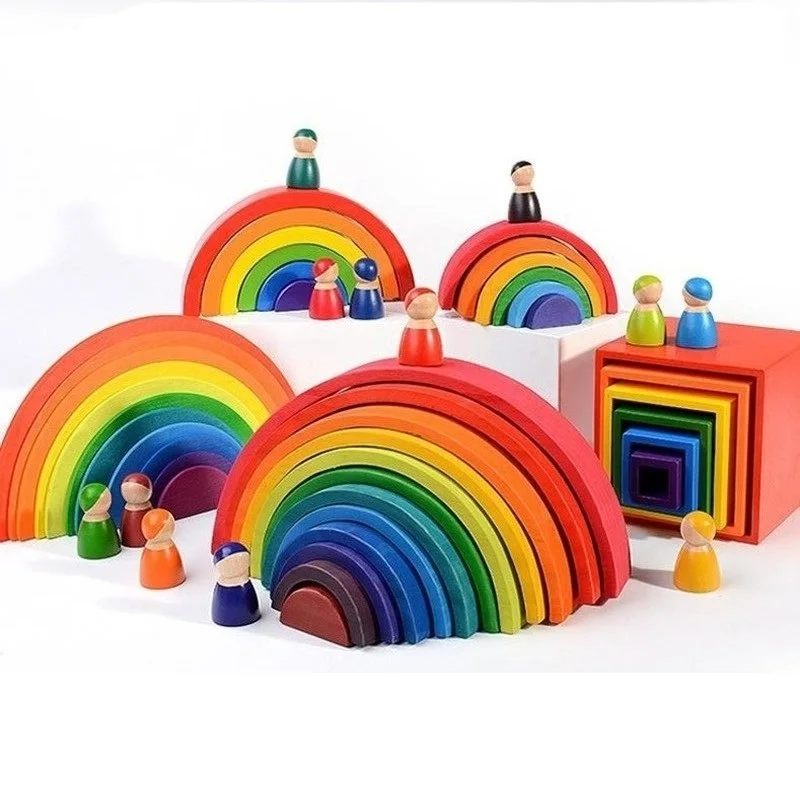 

Big Wooden Rainbow Building Blocks Wooden Balls Plate Figures Rainbow Stacking Blocks Montessori Soft Warm Color Blocks Toy