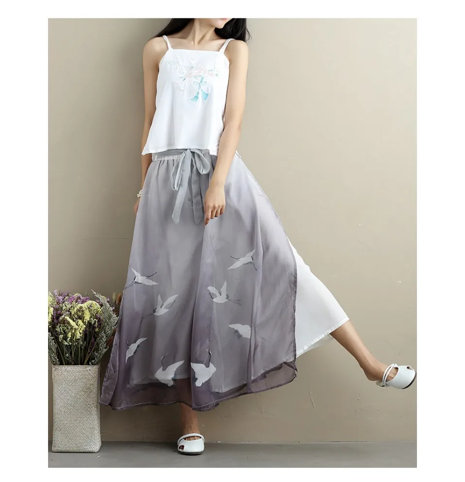 Ethnic style Hanfu Women Chiffon Trousers lady Casual Pants vintage Loose Plus size Ankle-Length Wide leg Pants capris