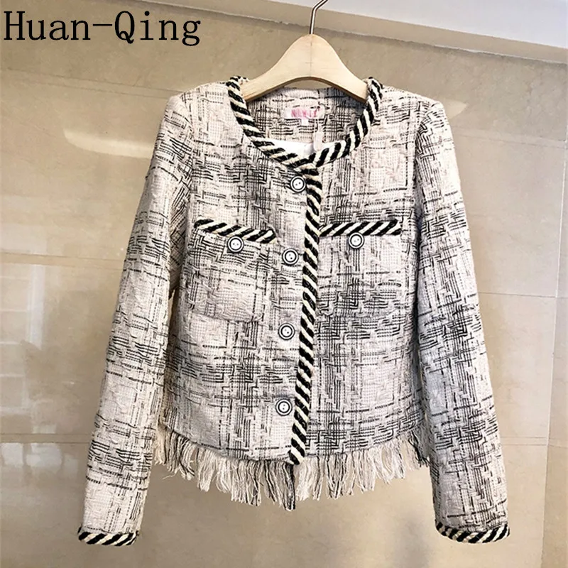 

2019 Autumn Winter Ladies Tweed Jacket Coat Women Tassel Casaco Vintage Long Sleeve Single-breasted Woolen Jacket Outerwear Coat