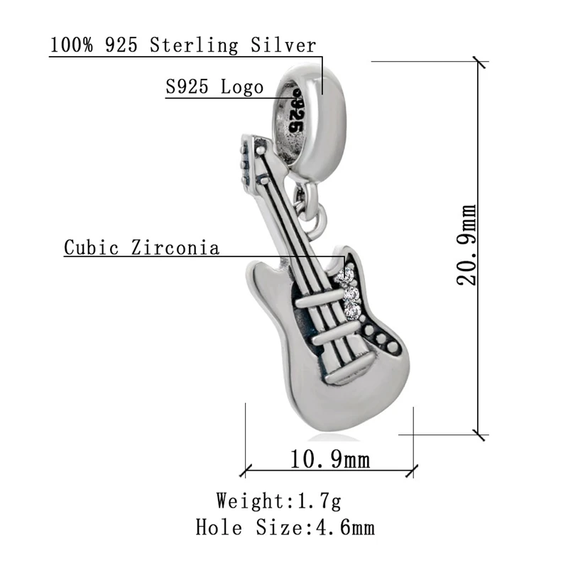 Sambaah любим музыку биения подвеска с фианитом камень 925 пробы серебро наушников бусинами подходят Pandora музыка браслет с нотами - Цвет: Dangle Guitar Charm
