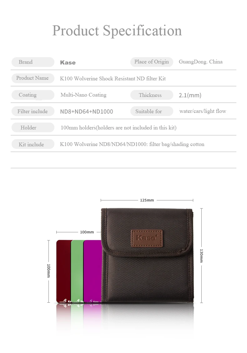 US $464.80 Kase K100 100x100mm Wolverine ShockResistant MutiCoated Square Neutral Density ND Filter Kit ND8ND64ND1000 With Filter Bag