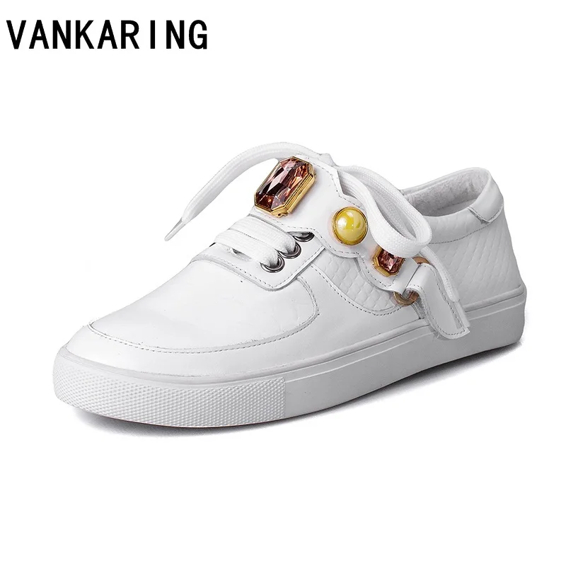 

VANKARING new spring summer shoes platform flats white shoes lace-up rhinestones leather ballet flats casual shoes woman loafers