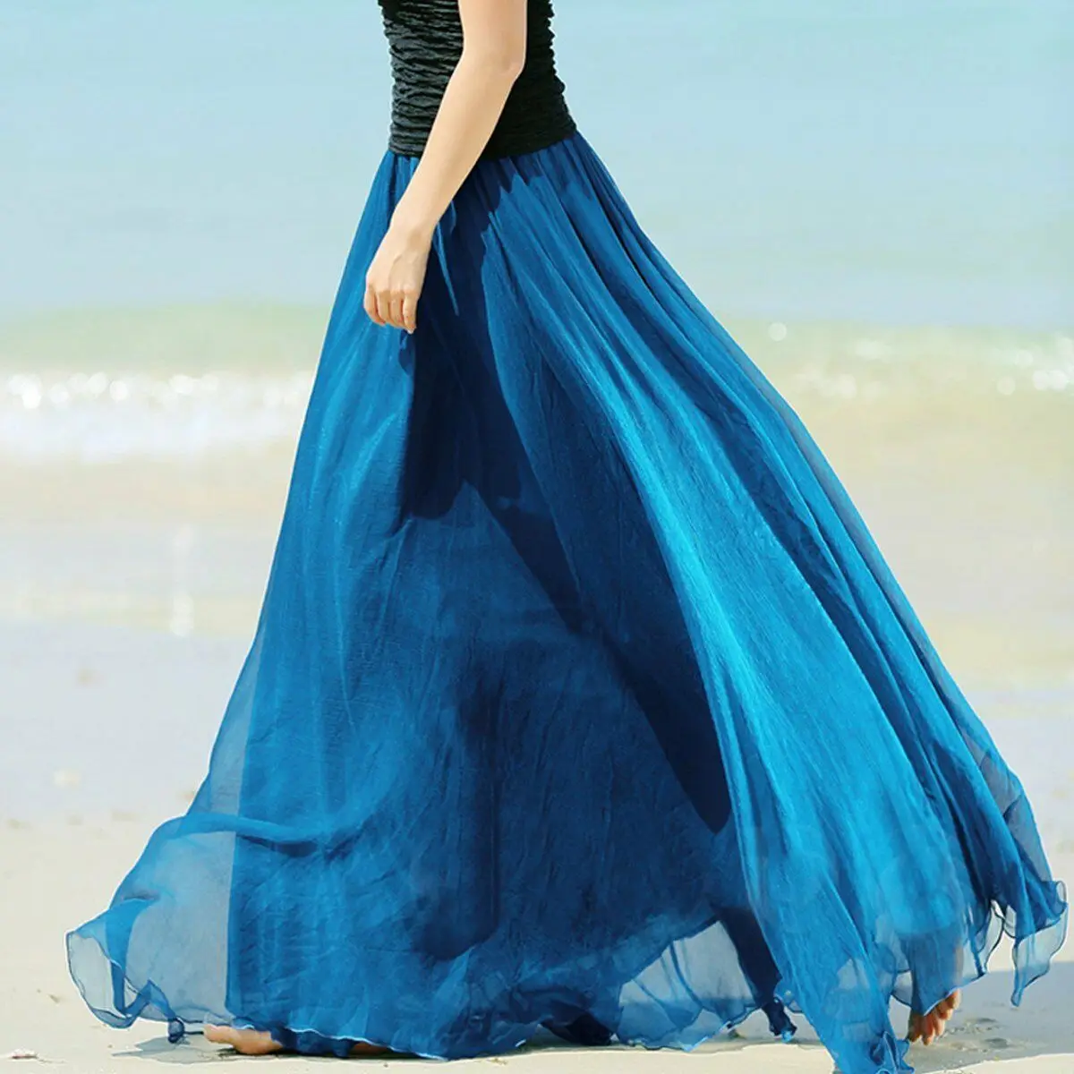 Женская шифоновая длинная юбка макси в стиле бохо, Пляжная Повседневная Свободная сарафан, Женская плиссированная однотонная трапециевидная юбка Mulheres - Цвет: peacock Blue