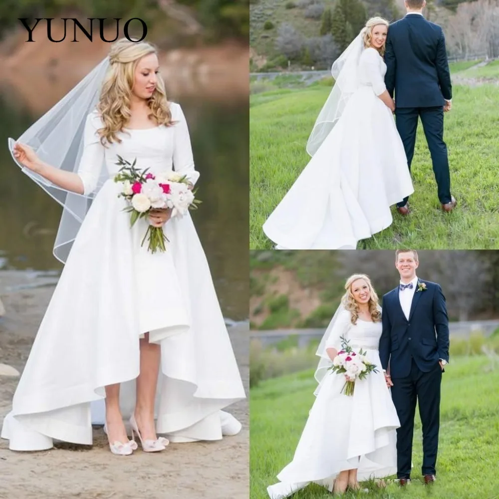 2019 Vintage Cheap Bohemian Beach Wedding Dresses 12 Sleeves Hi-Lo Scoop Neck Wedding Dresses Bridal Gowns robe de mariée (4)_