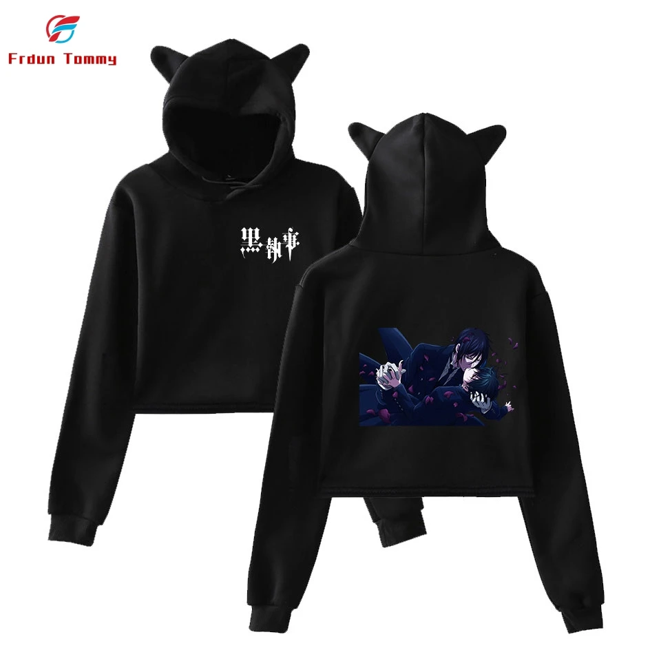 

Black Butler 2D New style printing Cat Crop Top Women summer Leisure Style Hoodies Sweatshirt Sexy K-pop cat hooded Harajuku