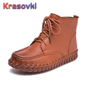 

Krasovki Shoes Woman 2019 Genuine Leather Women Shoes Snow boots Lady warm shoes Round Toe Lace up Boots