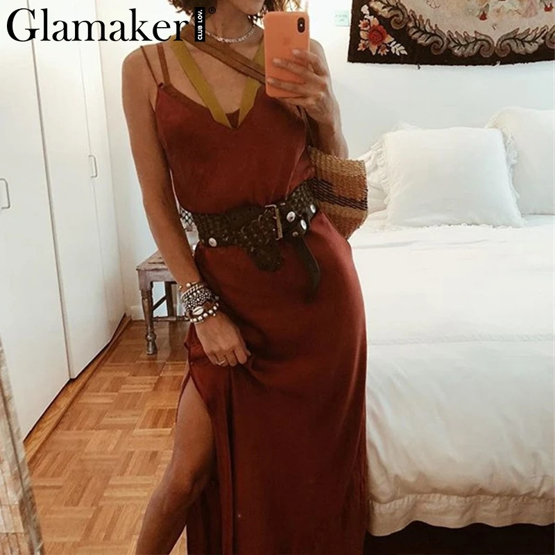 Женское длинное платье Glamaker сатиновое с высоким разрезом на лето для вечеринок