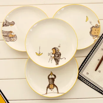 

High Quality 8 Inch Western Steak Dishes & Plates Ceramic Bone China In-glazed Decoration Round Plate Monkey Character Planted