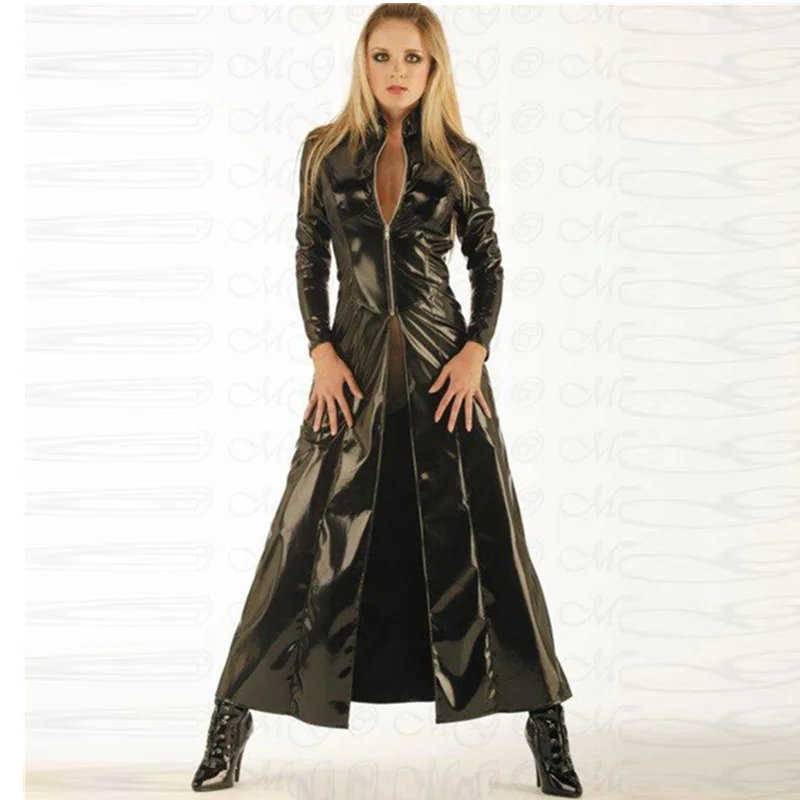 Хит, красное, черное, сексуальное, мокрое, ПВХ, кожаное пальто для женщин, с высоким разрезом, с длинным рукавом, искусственная кожа, длинное, мантия-пальто, Одежда для танцев, сексуальное платье