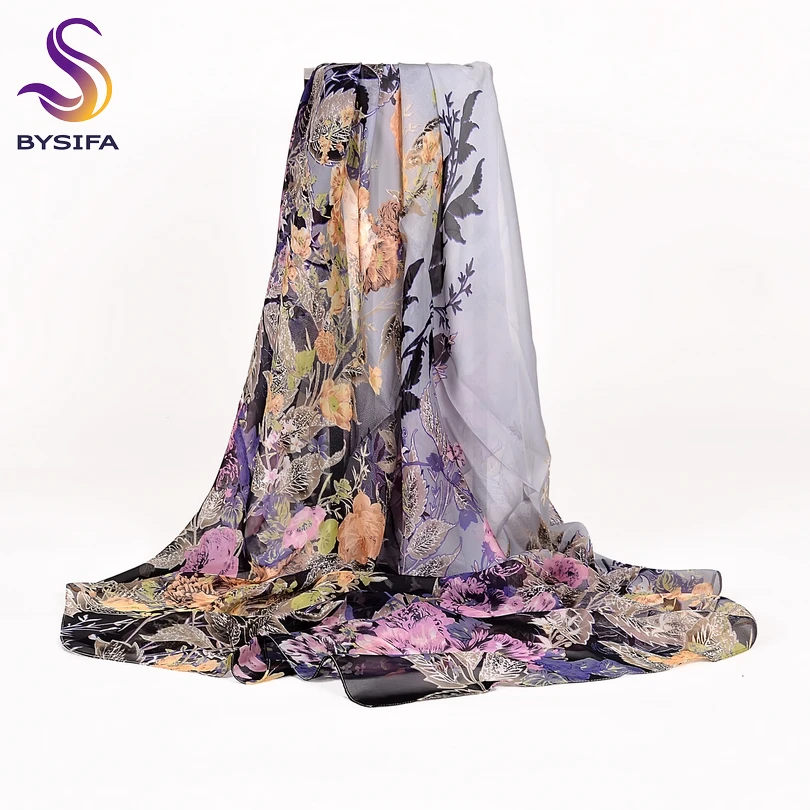 

[BYSIFA] Chiffon Square Silk Scarf Shawl Women Brand Floral Design Pure Silk Large Scarves Spring Autumn Top Grade Scarf Hijab