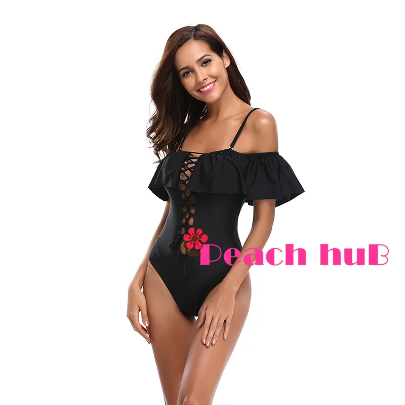 One Piece Swimwear Black Swimsuit Ruffle Sleeve Swimsuit Off Shouder Push Up Swimwear Women Trikini Swim Suit Bandage (3)