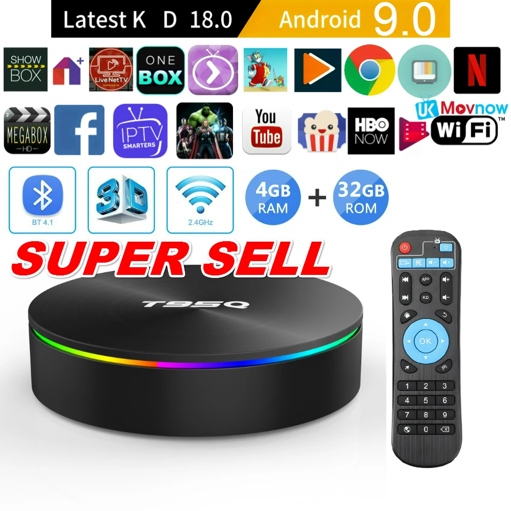 T95Q Android 9,0 tv box Smart Box T ТВ коробка 4G 32/64G S905X2 4 ядра 2,4/5,8G, Wi-Fi, BT4.1 100 м 4 к HD медиаплеер Android tv BOX