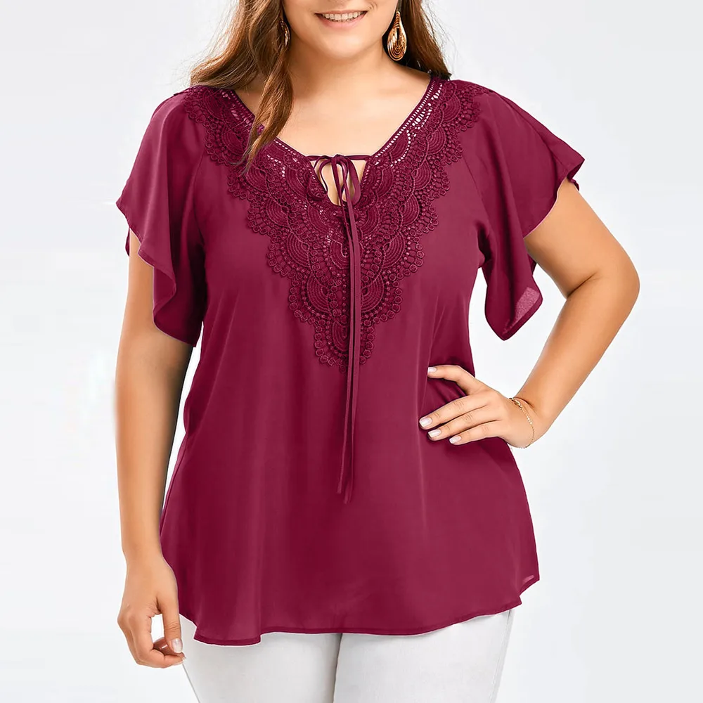 Feitong размера плюс, летняя мода, женская шифоновая кружевная Свободная рубашка с v-образным вырезом, топы, Повседневная Блузка с коротким рукавом, женская блуза