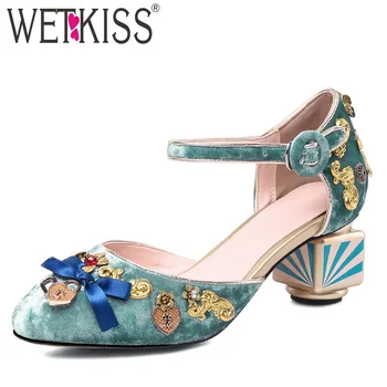 

WETKISS Summer Strange Style Sandals Women Pleuche Sandals Woman Ankle Strap Wedding Shoes Female Metal Decoration Exotic Shoes