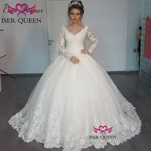 Винтажные, с длинными рукавами с вышивкой, v-образный вырез, цвета слоновой кости, Цвет Vestido De Noiva бальное платье Большой поезд, многоярусная юбка с оборками из тюля Иллюзия w0013