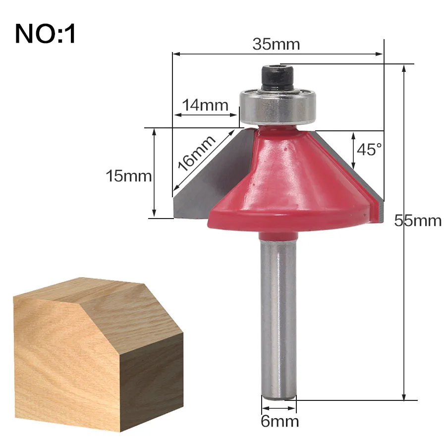 1 шт. 6 мм хвостовик 45 градусов фаски концевые фрезы кромки формирующие фрезы с шариковым подшипником Вольфрам две флейты фрезы для дерева