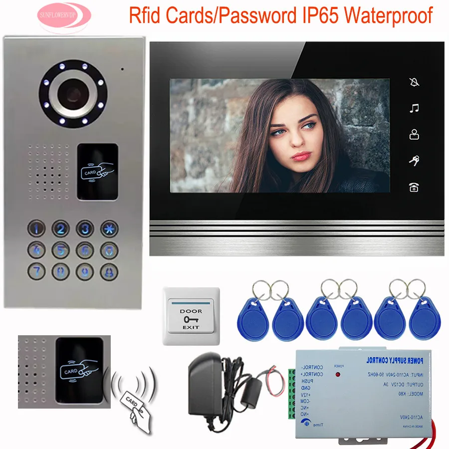 

SUNFLOWERVDP Best 7" Color Video Door Phone Doorbell System Unit Touch Button Rfid Cards Video Intercom System IP65 Waterproof