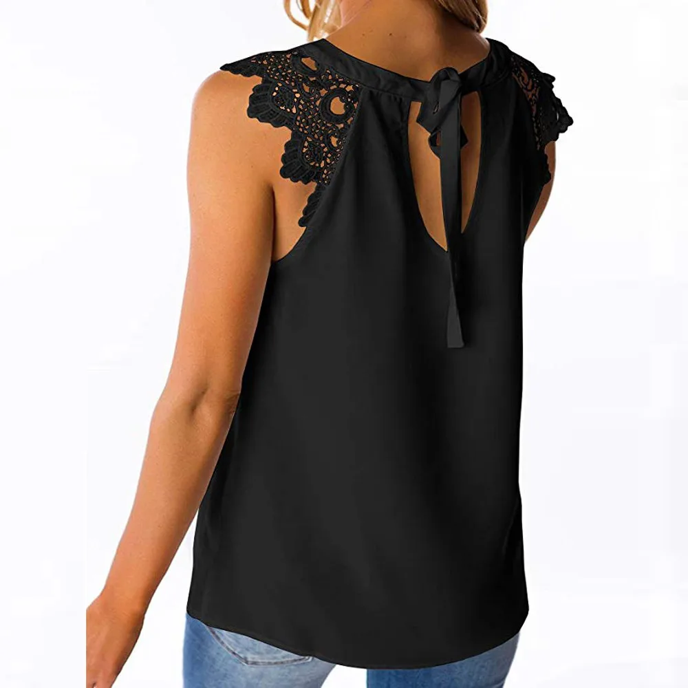 Womens Sleeveless Cut Out Keyhole Loose T Shirt Lace Tops female