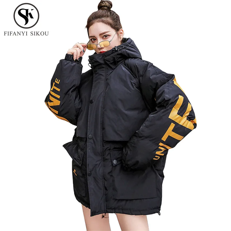 

Winter jacket women Fashion Print Hooded Cotton padded coat Women's parka Loose Plus size Outerwear Winter Parkas Harajuku Coats