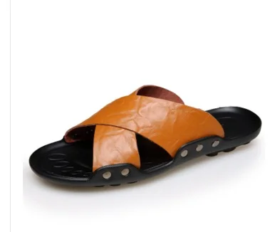 Новое поступление; модные Вьетнамки; летние пляжные мужские туфли из спилка; сандалии с пряжкой и шлепанцы с открытым носком; Цвет Черный; большие размеры 17 - Цвет: orange rivets