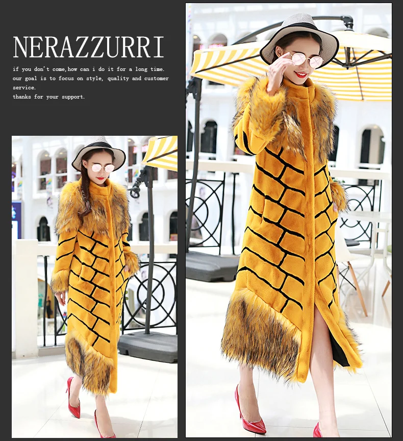 Nerazzurri, женское Удлиненное пальто из искусственного меха, желтое и черное пальто в полоску, пэтчворк, пушистое, цветное, макси, искусственный мех, уличная одежда